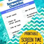 Preview of screen time checklist on a light blue water background. Blue and white wavy lines cover part of list at an angle. Yellow circle at bottom with black text stating Printable Screen Time Checklist.