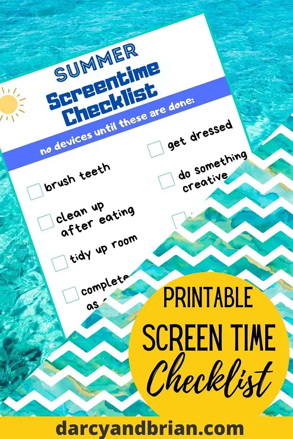 Preview of screen time checklist on a light blue water background. Blue and white wavy lines cover part of list at an angle. Yellow circle at bottom with black text stating Printable Screen Time Checklist.