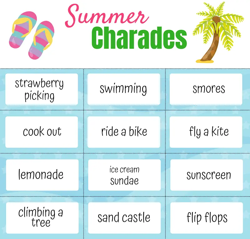 Preview of upper half of printable summer charades game with 12 of the clue cards.