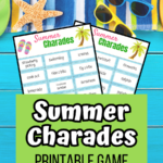 Preview image of printable summer charades word lists on a blue background with a beach towel, sunglasses and a starfish. A bright green text box covers part of the words and has the text Summer Charades Printable Game on it.