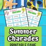 Preview image of printable summer charades word lists on a blue background with a beach towel, sunglasses and a starfish. A bright green text box covers part of the words and has the text Summer Charades Printable Game on it.