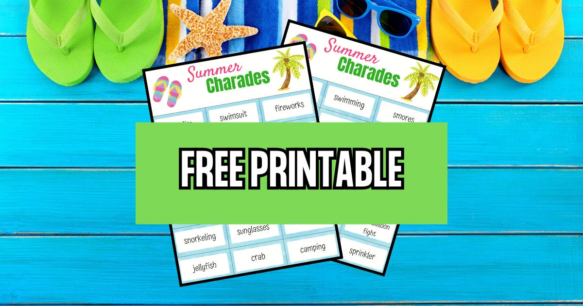 Mockup image of two page of summer charades printable word cards over a summer themed background with a beach towel, flip flops, and sunglasses. A green rectangle covers the center of the mockup images and says Free Printable.