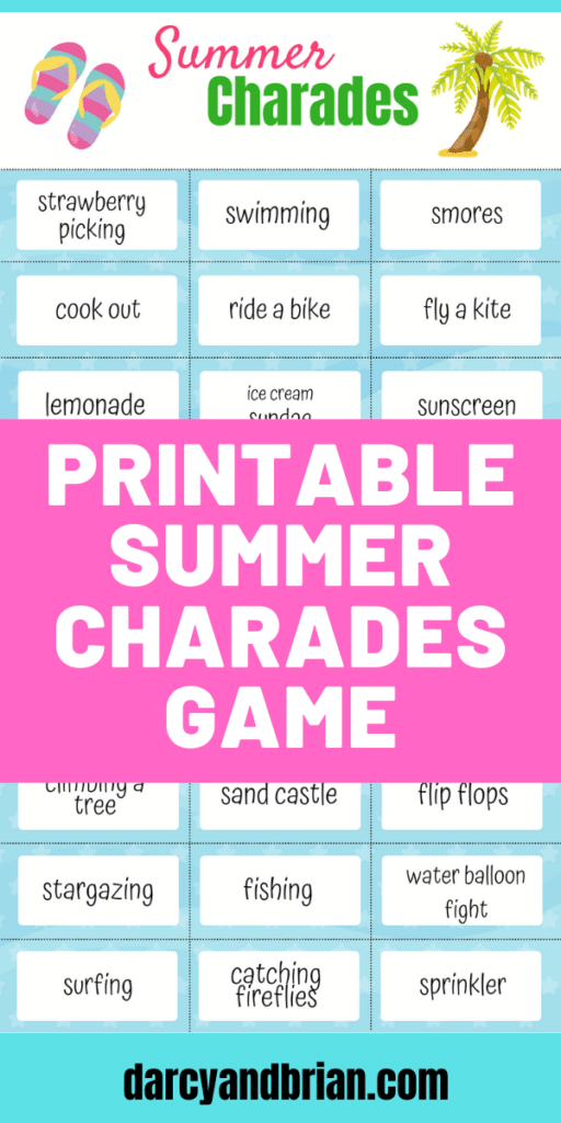 Preview image of printable summer charades cards with pink square over the middle with white text overlay stating Printable Summer Charades Game.