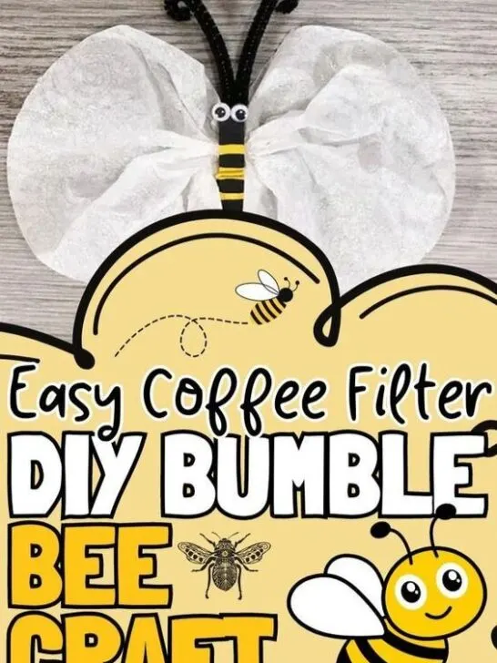 Completed bee craft made with coffee filter and clothespin with text and illustrated bee clipart title.