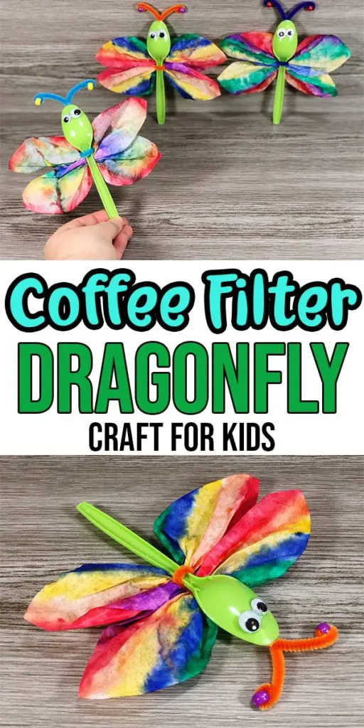 top image of completed coffee filter dragonflies with woman's hand holding one up and bottom image shows closer view of dragonfly craft. Text overlay in middle states Coffee Filter Dragonfly Craft for Kids.