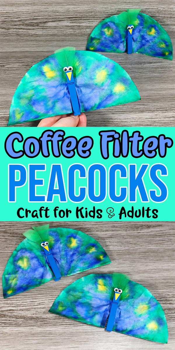 Completed coffee filter peacocks around on gray wood background with hand holding one. Light teal box in center with text reading Coffee Filter Peacocks Craft for Kids & Adults