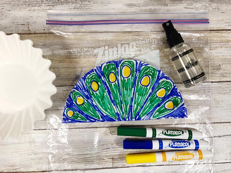 Stack of white coffee filters next to a filter folded in half and colored like peacock feathers with markers on a plastic zip top bag.