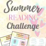 Text overlay Summer Reading Challenge with small preview images of printable pages on light yellow background with hearts coming out of an open book.