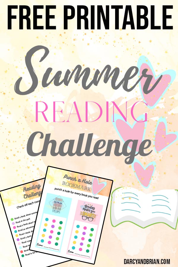 Text overlay Summer Reading Challenge with small preview images of printable pages on light yellow background with hearts coming out of an open book.