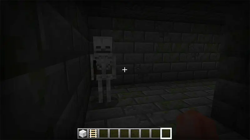 Minecraft skeleton in dark stone hallway.