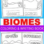 Light blue background with text overlay on top Free Printable and middle says Biomes Coloring & Writing Book. Desert, Ocean, Arctic, and Savanna pages shown.