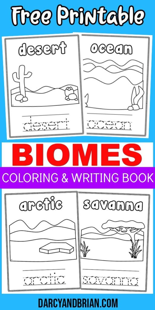 Light blue background with text overlay on top Free Printable and middle says Biomes Coloring & Writing Book. Desert, Ocean, Arctic, and Savanna pages shown.