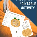 Preview of cut and label pumpkin page and another page with pictures of pieces of pumpkin, seeds, and vine on background image of the top of a pumpkin. Text overlay states Parts of a Pumpkin Printable Activity.