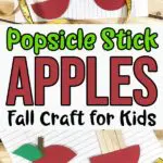 Two completed popsicle stick apple cores laying on loose leaf paper and bordered by a soft measuring tape. Close up view of one apple near bottom of image. Text overlay states Popsicle Stick Apples Fall Craft for Kids.