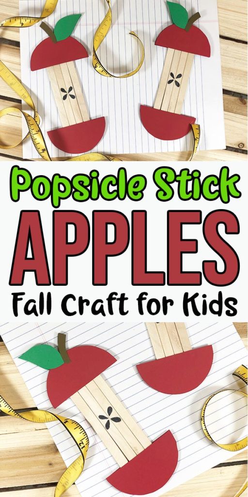 Two completed popsicle stick apple cores laying on loose leaf paper and bordered by a soft measuring tape. Close up view of one apple near bottom of image. Text overlay states Popsicle Stick Apples Fall Craft for Kids.