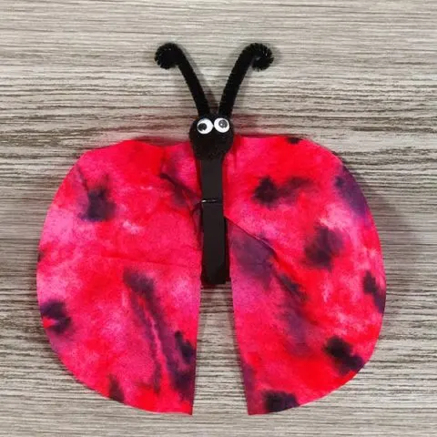 One ladybug made with coffee filter and clothespin leaning against gray wooden backdrop.