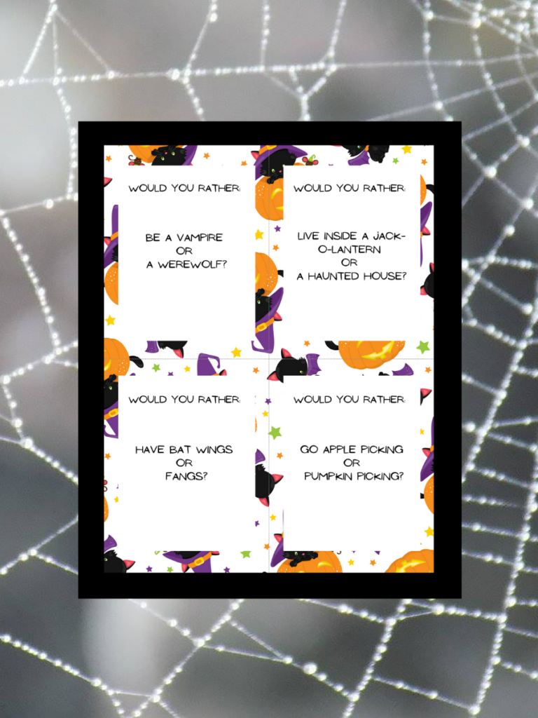 Digital mockup of one page of would you rather question cards about Halloween topics. The page image is on a spiderweb background.
