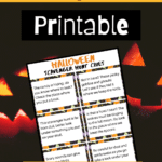 Preview image of printable sheet of scavenger hunt clue cards on a glowing jack-o-lantern background. Black text on orange box at top says Halloween Scavenger Hunt. White text on black box says Printable.