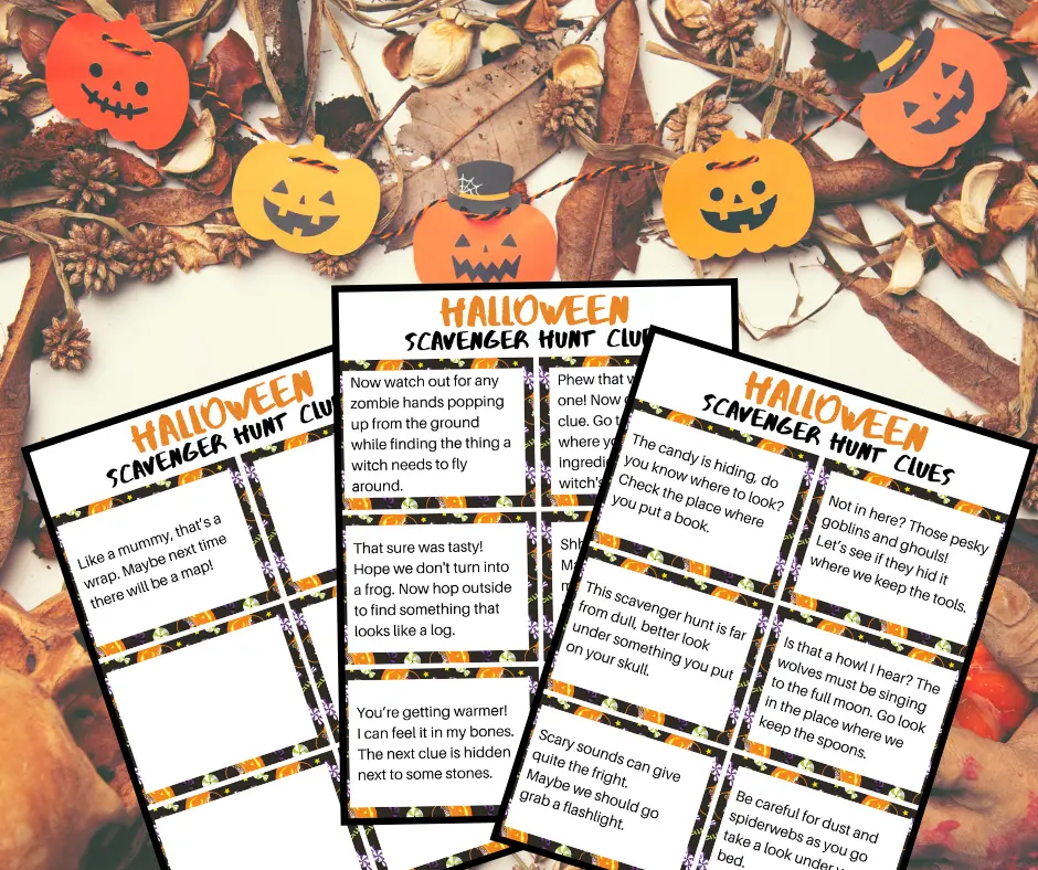 Three pages of printable scavenger hunt clues for Halloween on a background with leaves and a small paper jack-o-lantern garland.