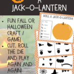 Preview images of Roll A Jack-o-Lantern activity pages with text description of the game with a jack-o-lantern image in the background.