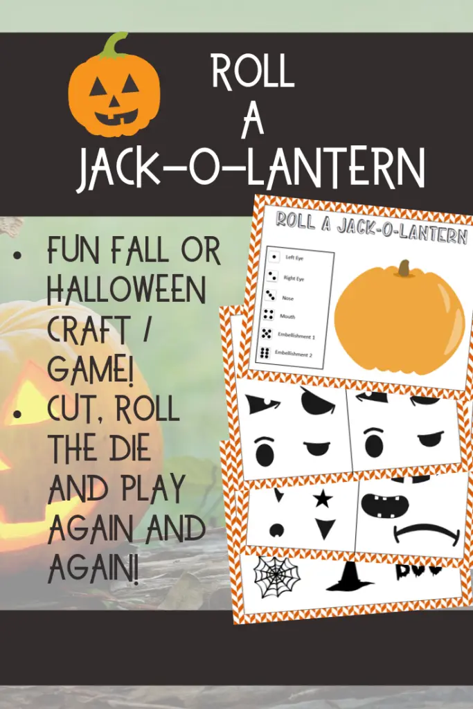Preview images of Roll A Jack-o-Lantern activity pages with text description of the game with a jack-o-lantern image in the background.