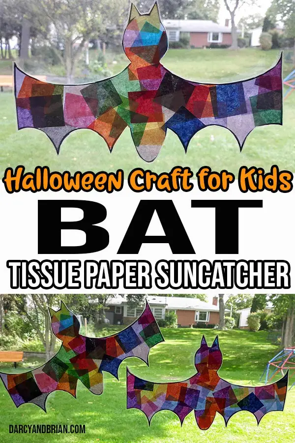 Close up view of completed bat craft in window at top of image and lower image shows two bat suncatchers in window. Text overlay in middle reads Halloween Craft for Kids Bat Tissue Paper Suncatcher.
