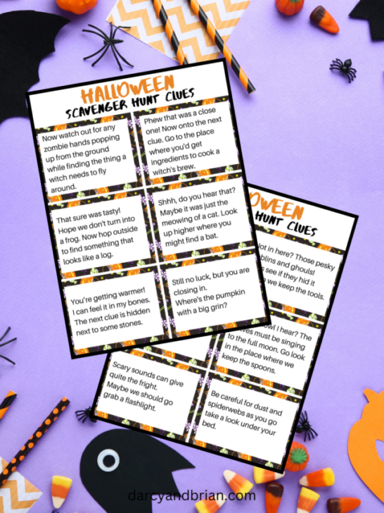 Mockup image of two overlapping pages of Halloween treasure hunt clues on a light purple background with assorted Halloween themed items such as candy corn.