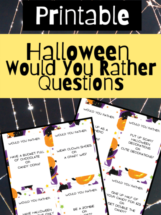 Two pages of Halloween would you rather printable cards on a spiderweb background. Text at top of image says Printable Halloween Would You Rather Questions.