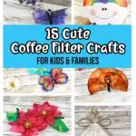 Cover image of Cute Coffee Filter Crafts digital craft book. Collage of six completed projects including bats, rainbow, butterfly, turkey, poinsettia, and angel. Book title text under the top two images on a light blue background.
