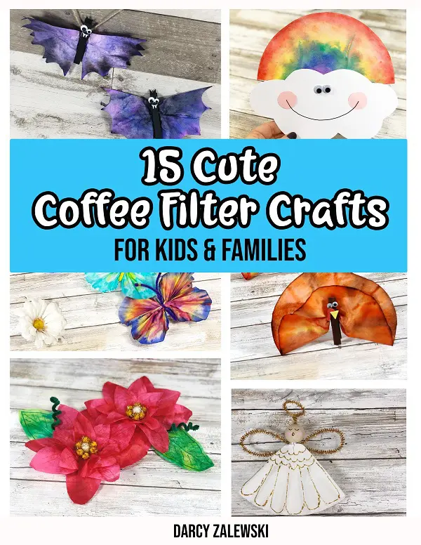 Cover image of Cute Coffee Filter Crafts digital craft book. Collage of six completed projects including bats, rainbow, butterfly, turkey, poinsettia, and angel. Book title text under the top two images on a light blue background.