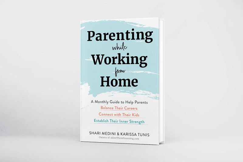 Parenting While Working From Home hardcover book standing up on white background.