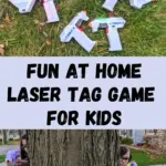 Laser X Evolution and Micro Blasters with lights on laying in green grass on top part of image. Bottom image shows boy and girl with Laser X laser guns peeking around a tree. Between both images is a light gray box with black text that says Fun At Home Laser Tag Game for Kids.