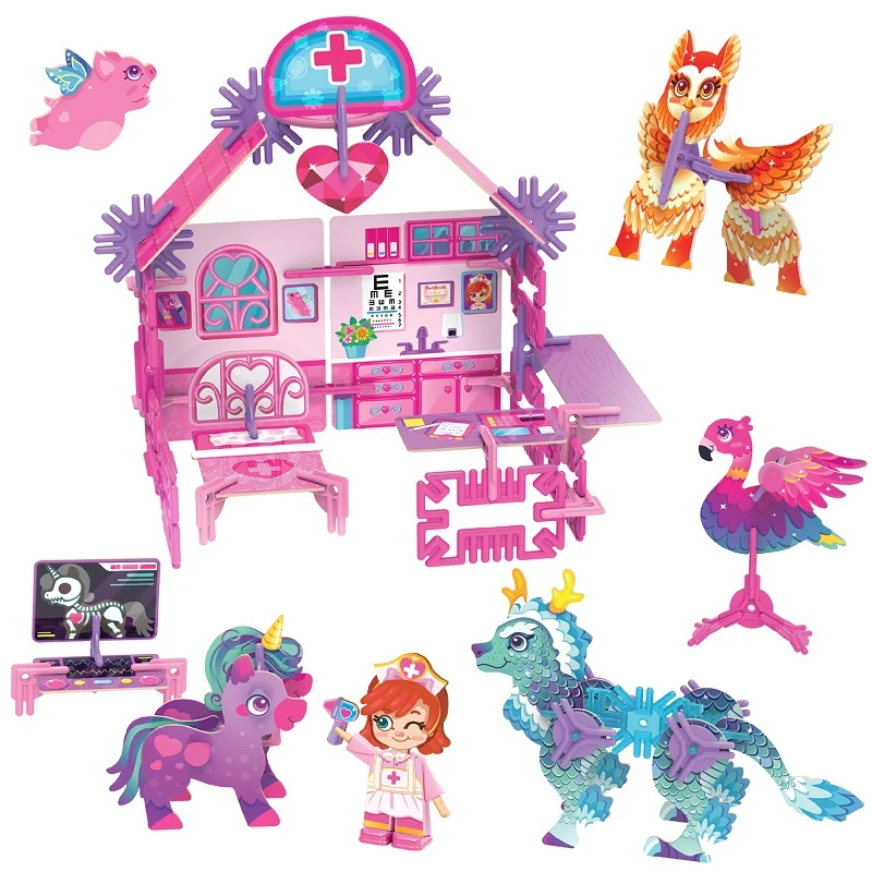 Pinxies vet care center and magical animals assembled and arranged on white background.