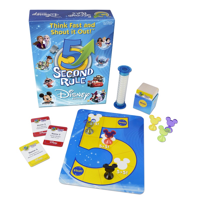 Disney Edition 5 Second Rule board game laid out with Mickey Mouse game pieces on board, cards next to it, timer, and game box.