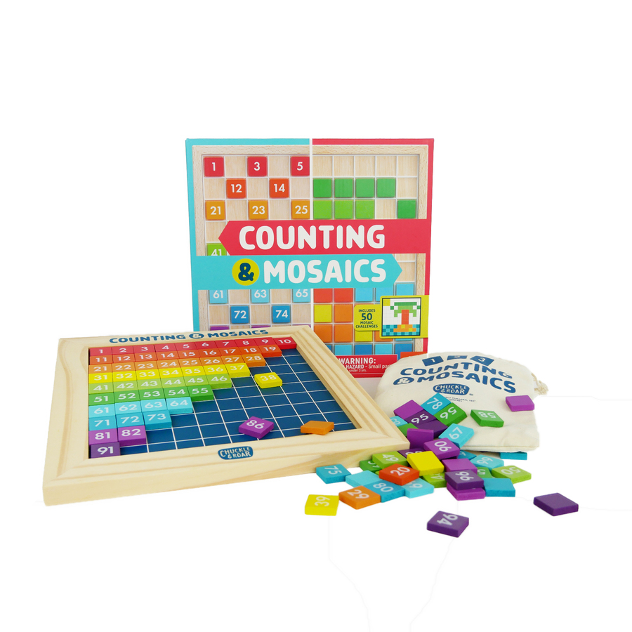 Counting and Mosaics board with double sided tiles (numbers and colors) both on the board and next to it.