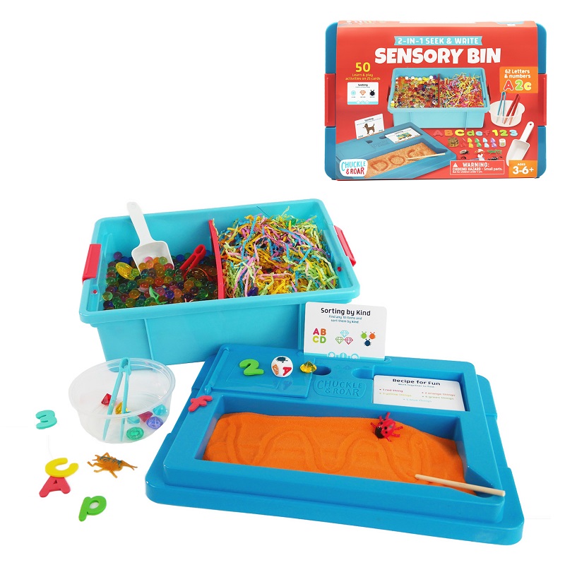 Sensory bin kit product image with box in back. Blue bin filled with colorful paper strips on one side and water beads on the other with a scooper. Blue lid laying in front of bin with orange sand in it. Assorted letters and other items scattered around.