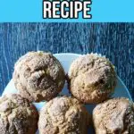 Black and white text on a light blue background at the top states Gluten Free and Dairy Free Cinnamon Sugar Pumpkin Muffins Recipe. Overhead view of 7 muffins on a white plate on a table.