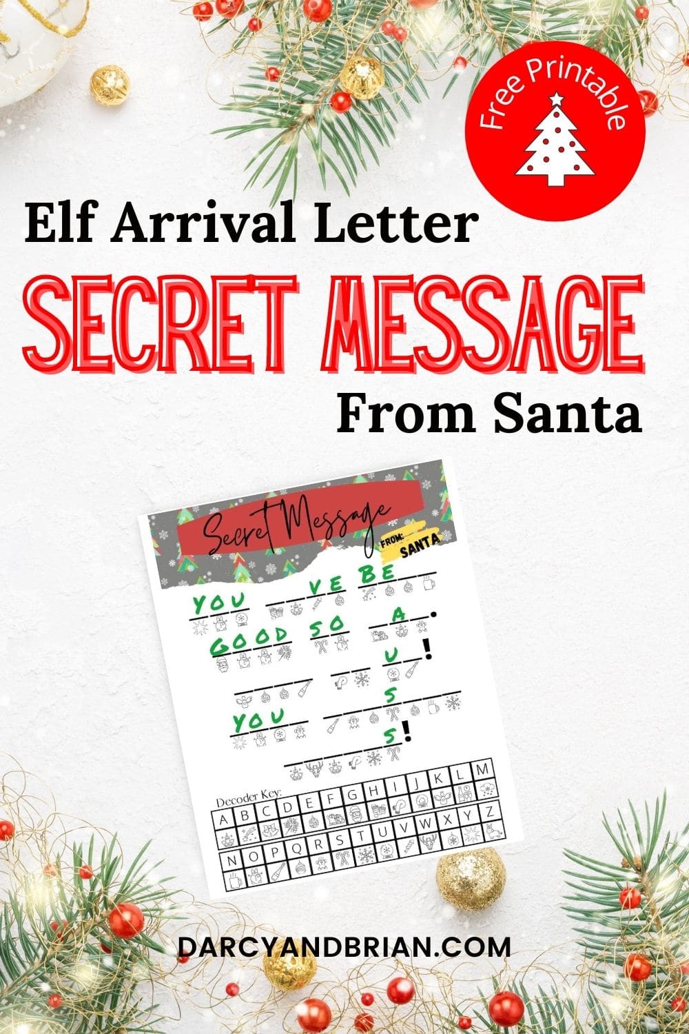 Black and red text read Free Printable Elf Arrival Letter Secret Message From Santa with preview of printable with part of the message written with green text. Background is white with evergreen branches and small ornaments along top and bottom borders.