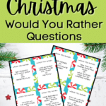 Printable is in white text on a red rectangle. Christmas Would You Rather Questions is in black text on a light green rectangle. Preview image of two pages of would you rather question cards on a white background with evergreen branches and a few small red stars.