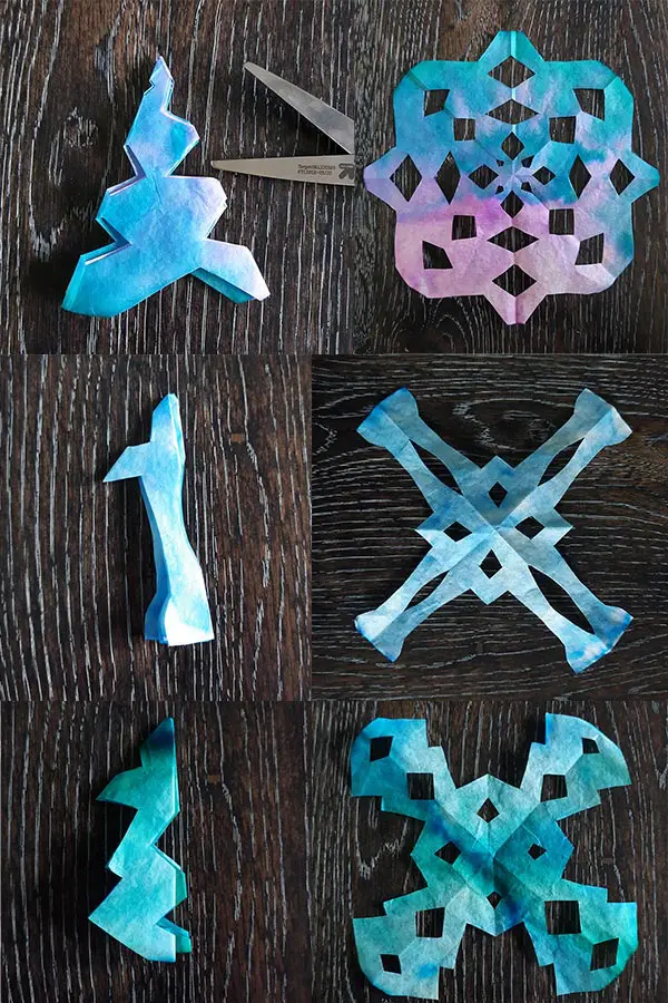 Collage of three sets of side by side photos showing how coffee filter was cut next to unfolded, complete snowflake to show design result.