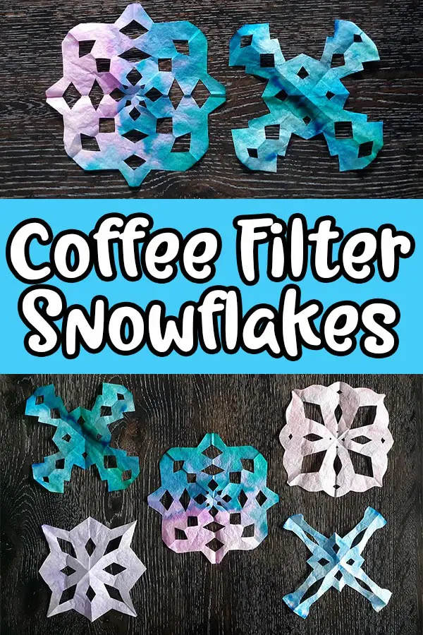 Top show two completed coffee filter snowflakes that are a blend of pink, purple, and blue colors. Bottom shows five different shaped coffee filter snowflakes. Middle has light blue rectangle with white text that reads Coffee Filter Snowflakes.