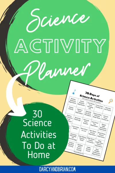 Big light green circle at top with white text that reads Science Activity Planner with white arrow pointing at smaller darker green circle below which reads 30 Science Activities To Do at Home. Small image of printable activity calendar. All of this on a light yellow background.