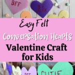 Felt hearts decorated with sayings like conversation hearts laying on light background with small candy conversation hearts sprinkled around. Pink box with black and white text reads Easy Felt Conversation Hearts Valentine Craft for Kids. Bottom of image shows felt hearts strung together to make a garland.
