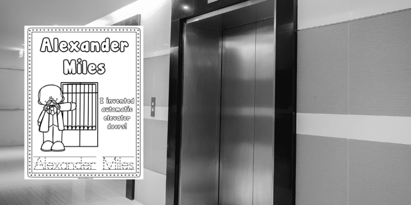 Alexander Miles printable coloring page on a background with elevators.