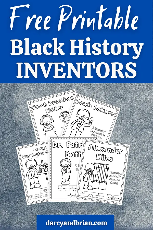 Free Printable Black History Inventors written in white text on a dark blue box at top. Preview of printable coloring pages featuring Black inventors overlapping each other on a textured gray background.