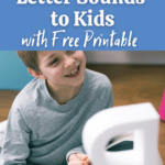 Light blue box with white text at top reads How to Teach Letter Sounds to Kids with Free Printable above photo of white boy in gray long sleeve shirt looking at a large white letter R and smiling.