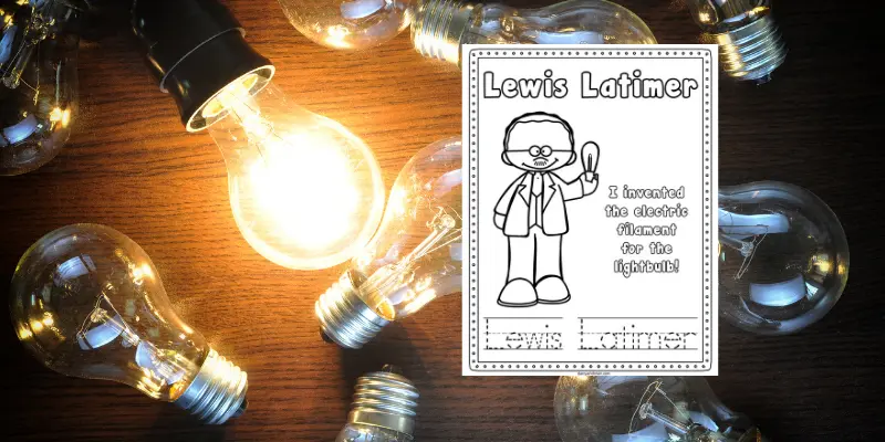 Lewis Latimer color and trace worksheet on background with several light bulbs with one lit up.