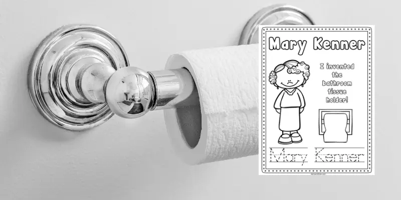 Printable coloring page for Mary Kenner with background of a black and white photo of a toilet paper holder.