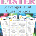 Black and pink text on light blue and white reads Printable Easter Scavenger Hunt Clues for Kids above preview image of three pages of scavenger hunt clues overlapping each other on a background of bright, foil covered chocolate eggs.