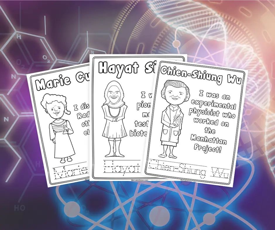 Printable coloring pages for Chien-Shiung Wu, Hayat Sindi, and Marie Curie overlapping each other on a background with different science symbols.